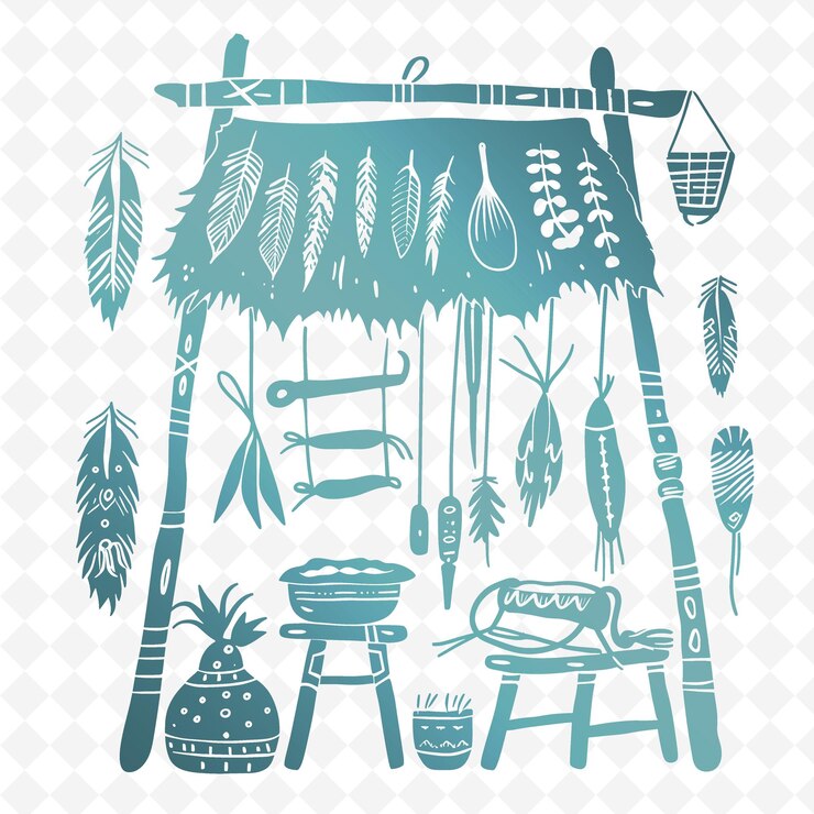 PSD tannery outline with animal hides and leatherworking tools illustration frames decor collection