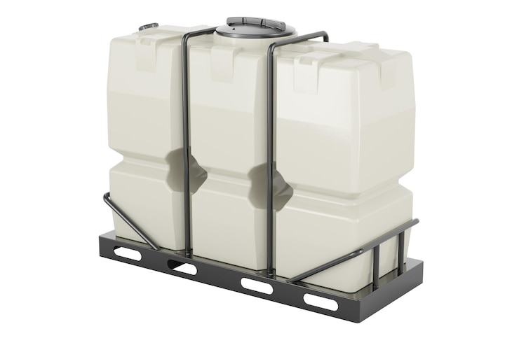 PSD tanque de almacenamiento de agua rectangular blanco con esqueleto de plástico y paleta renderizado en 3d aislado sobre un fondo transparente