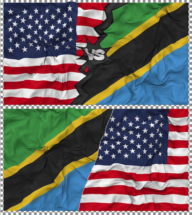 PSD tanzania vs united states half combined flag cloth bump texture bilateral relation 3d rendering