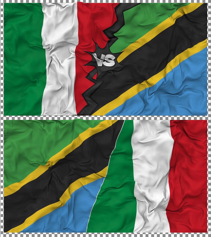PSD tanzanie contre l'italie half combined flag cloth bump texture rendering 3d