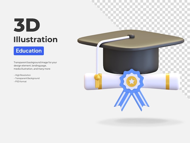 Tapa de graduación con diploma certificado icono 3d ilustración render