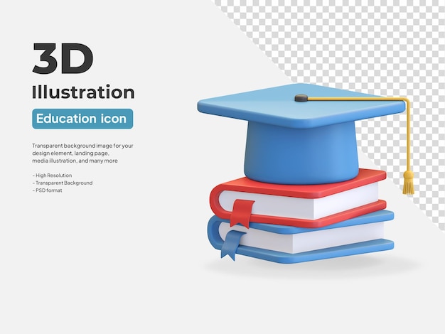Tapa de graduación sobre icono de libro educación escolar ilustración de procesamiento 3d