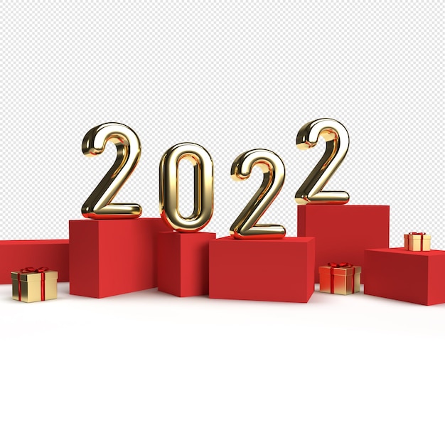 Tarjeta de año nuevo 2022 en estilo moderno minimalista con cubos y regalos