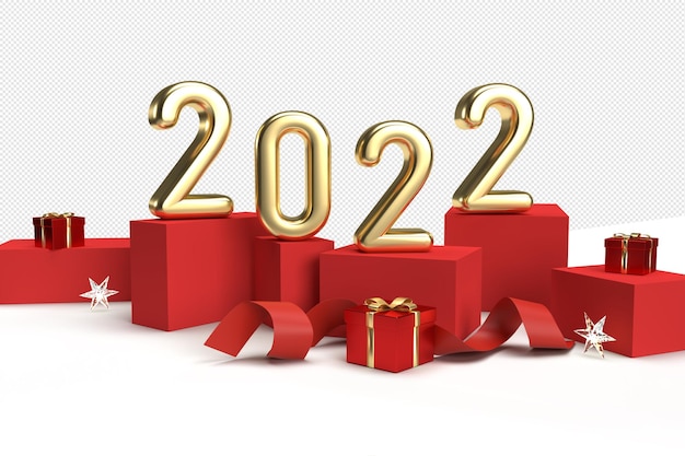 Tarjeta de año nuevo 2022 con números en cubos rojos con regalos y cinta