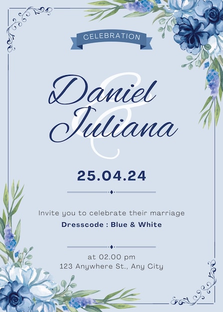 Tarjeta de boda de acuarela azul y blanca con estilo de guión fluido