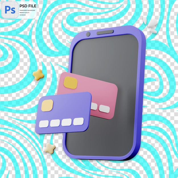 Tarjeta de crédito 3D con icono de teléfono inteligente PNG aislado Ilustración plantilla PSD