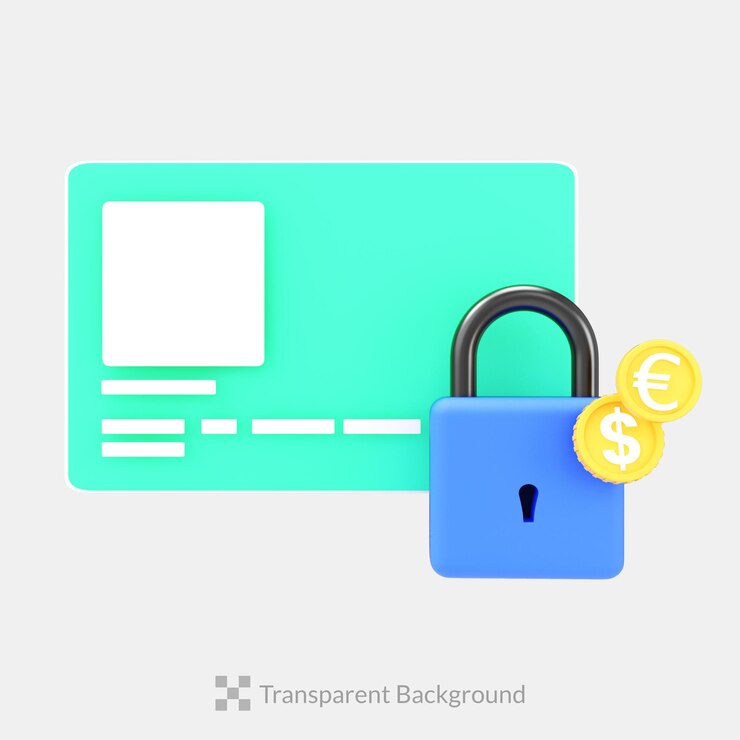 PSD la tarjeta de crédito 3d con la ilustración del icono de la moneda del dinero del candado hace que la banca en línea sea segura