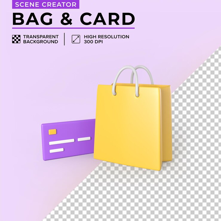 PSD tarjeta de crédito y creador de una escena de bolsa ilustración 3d