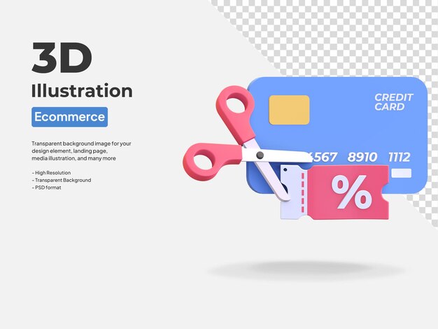 Tarjeta de crédito pago descuento precio cupón icono 3d render ilustración