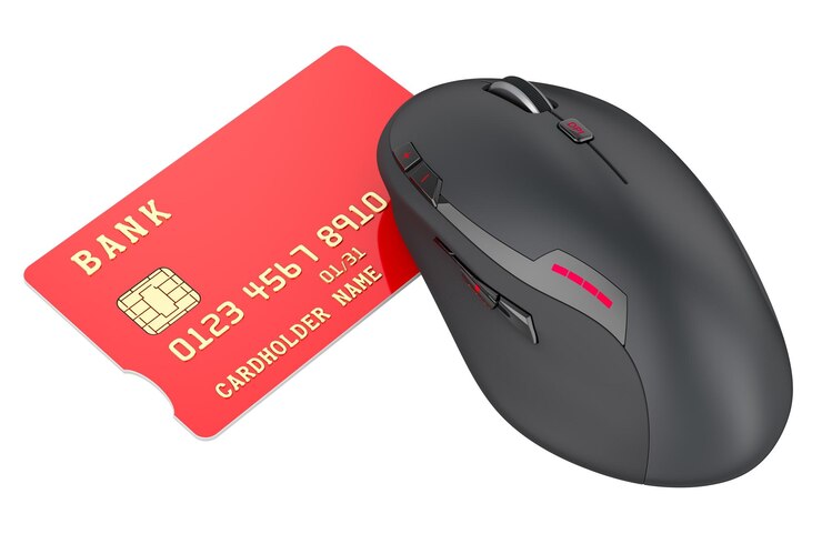 PSD tarjeta de crédito con ratón de computadora inalámbrico concepto de compras y banca en línea rendering 3d aislado en fondo transparente