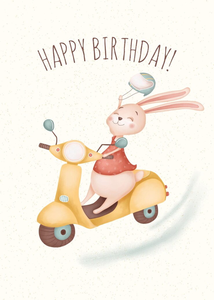 PSD tarjeta de cumpleaños con conejo en moto