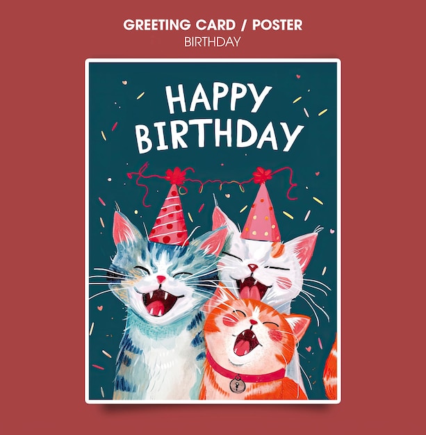 PSD tarjeta de cumpleaños con divertidos gatos sonrientes con sombreros de cumpleaños y texto feliz cumpleaños