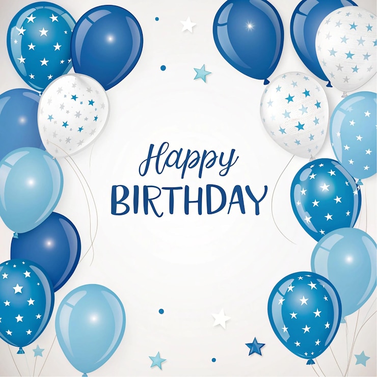 PSD una tarjeta de cumpleaños con estrellas azules y blancas y un fondo azul y blanco
