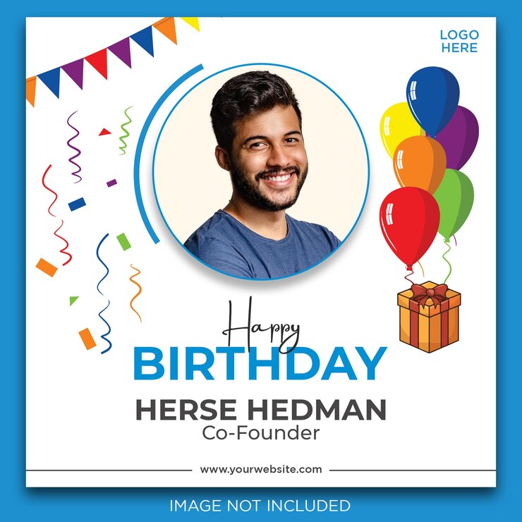 PSD una tarjeta de cumpleaños con un hombre con una camisa azul y globos feliz celebración de la fiesta publicación en las redes sociales
