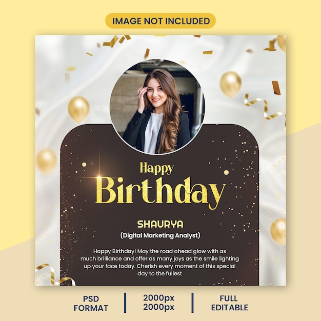 Tarjeta de cumpleaños de oro premium con plantilla de marco fotográfico