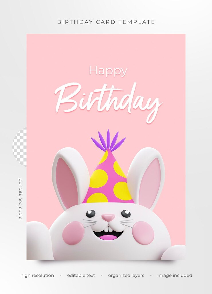 PSD tarjeta de cumpleaños psd con un lindo conejo bebé en 3d