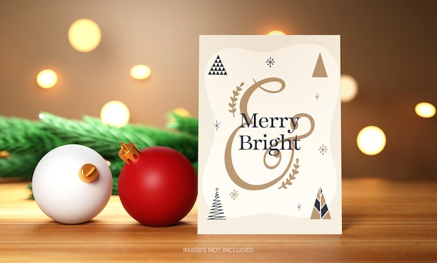 PSD tarjeta de deseos feliz y brillante con bolas de navidad 3d hojas de abeto borrosas y efecto bokeh sobre fondo de madera marrón