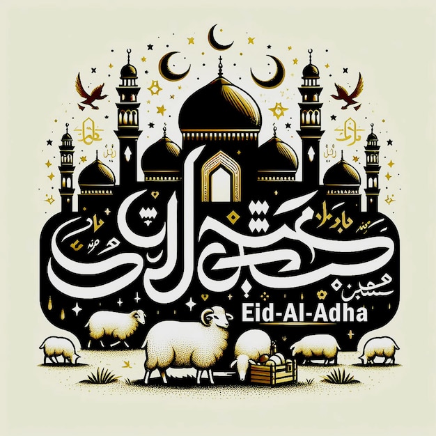 PSD tarjeta de felicitación de celebración de eid al adha con caligrafía árabe para el festival musulmán al alrededor del mundo