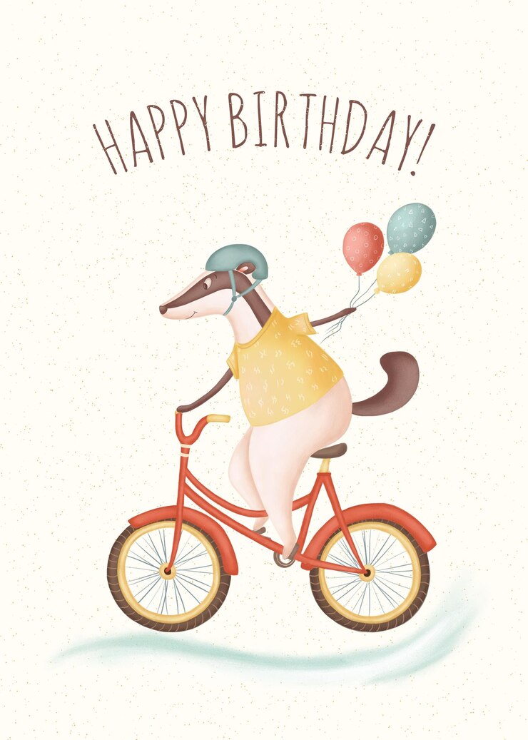 PSD tarjeta de felicitación de cumpleaños con tejón en bicicleta