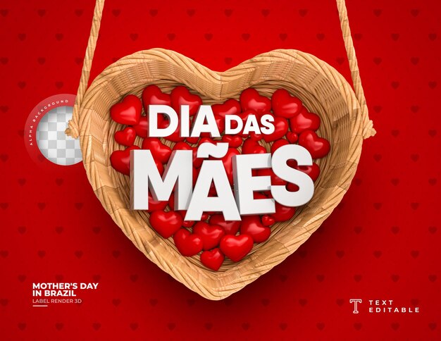 Tarjeta de felicitación del día de la madre en brasil con canasta y corazones 3d render