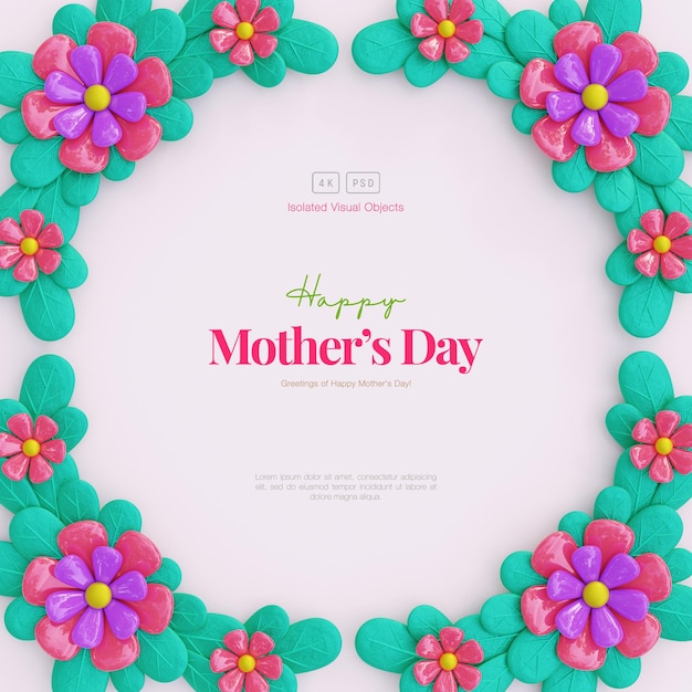 PSD tarjeta de felicitación del día de la madre fondo floral con lindas flores y hojas decorativas