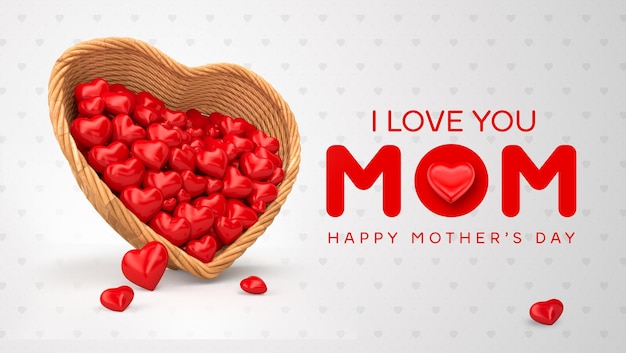 Tarjeta de felicitación del día de las madres con canasta y corazones 3d render