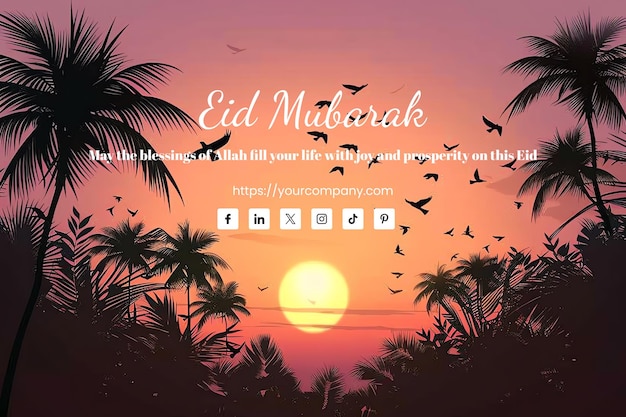 PSD tarjeta de felicitación de eid mubarak con una silueta de pájaros posados en palmeras