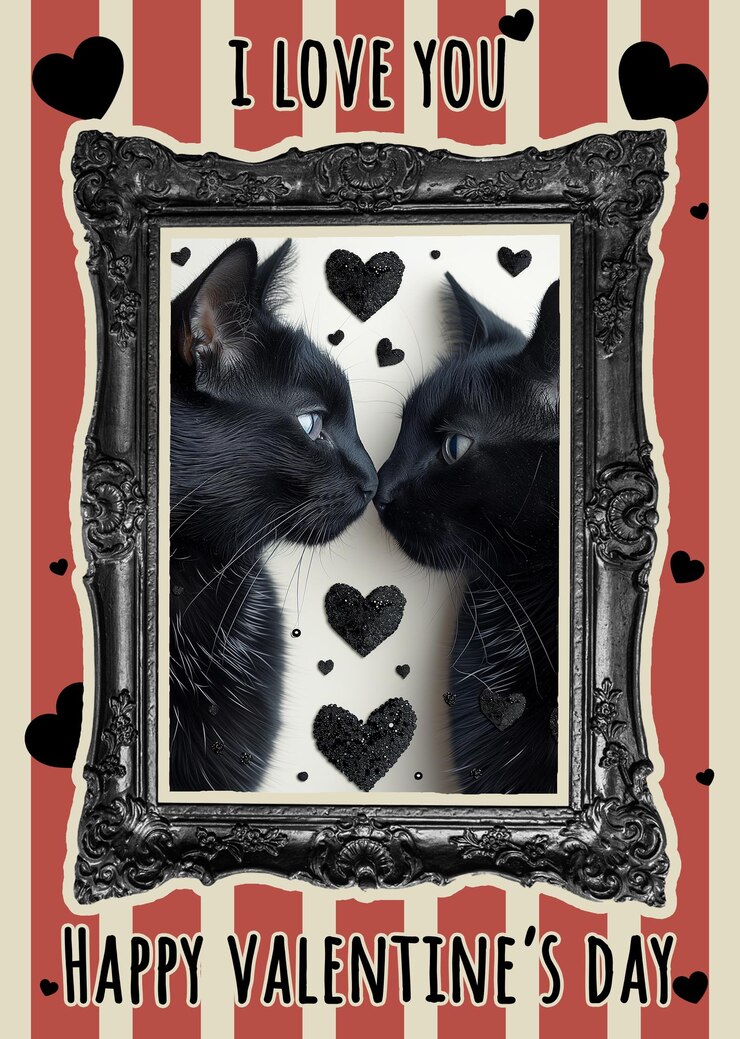 PSD tarjeta de felicitación gótica para el día de san valentín con gatos negros enamorados