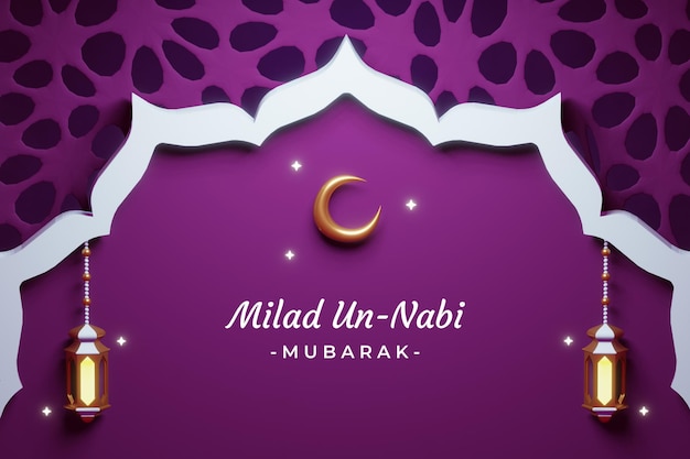 Tarjeta de felicitación Mawlid al-Nabi con diseño floral islámico y hermosa luna creciente dorada