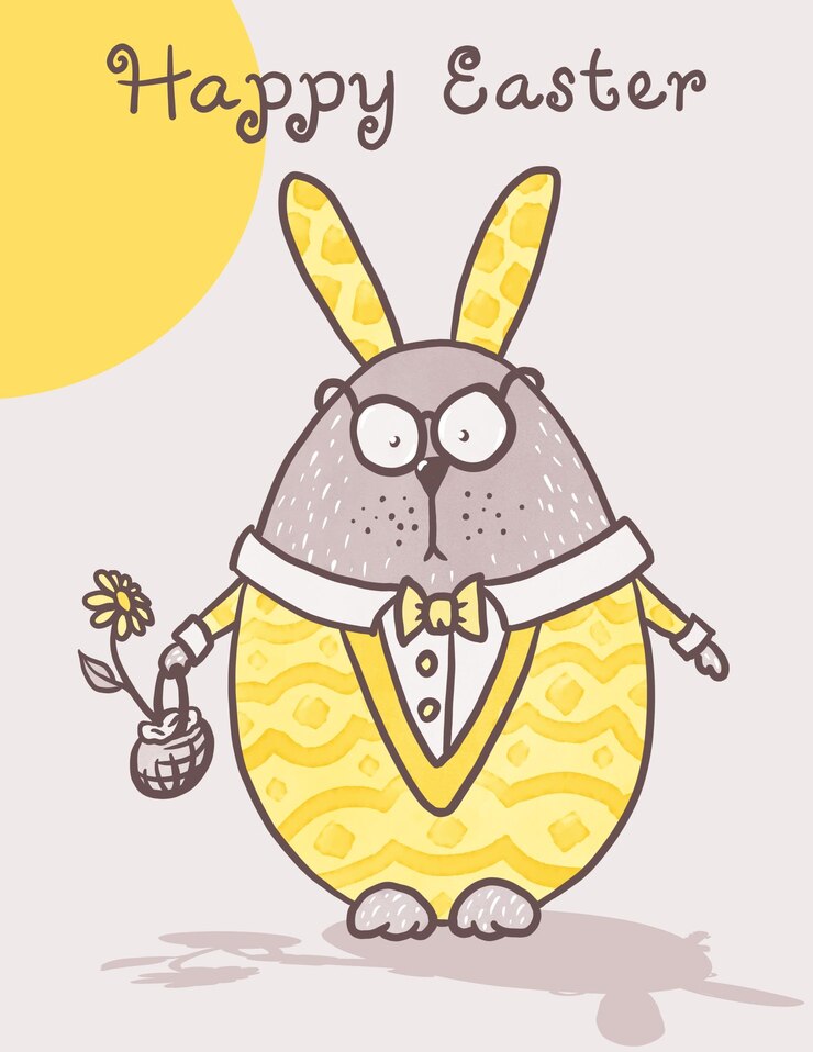 PSD tarjeta de felicitación minimalista de pascua con un conejo en forma de huevo de dibujos animados en traje amarillo sosteniendo una canasta