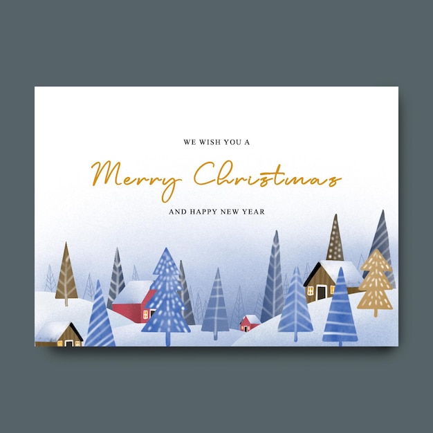 tarjeta de felicitación de navidad con decoración de ilustración de paisaje de acuarela