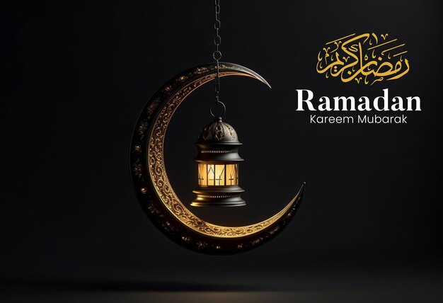 Tarjeta de felicitación de Ramadán Kareem con linterna dorada y luna creciente en fondo oscuro