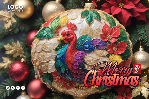 PSD tarjeta de felicitaciones de vacaciones de invierno con texto de feliz navidad un árbol de navidad con un pájaro en él