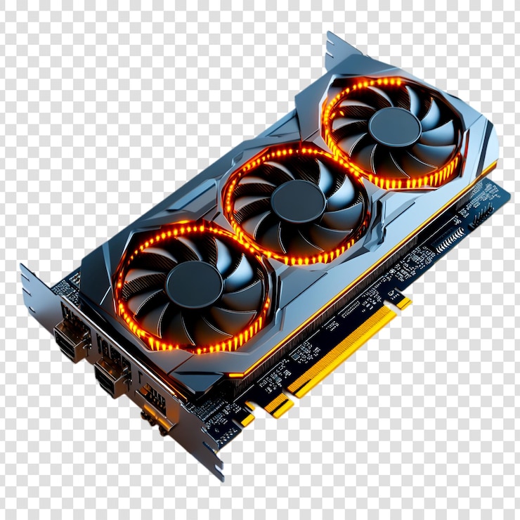 PSD una tarjeta gráfica de juegos con ventiladores de refrigeración iluminados en un fondo transparente