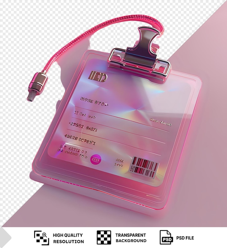 PSD tarjeta de identificación psd en una caja de plástico con un cordón rosa y un botón rosa y rojo