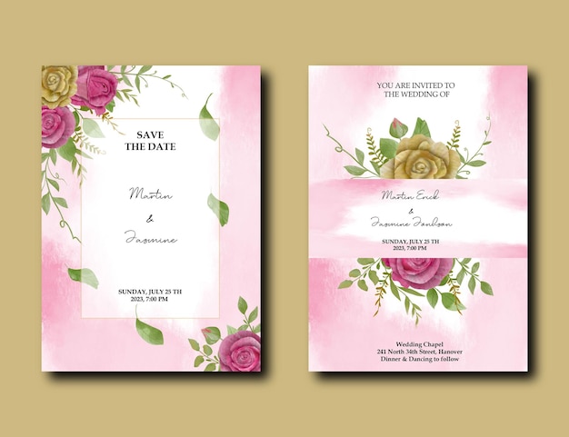 Tarjeta de invitación de acuarela de hojas de mosca verde con rosas doradas y rosadas gratis psd