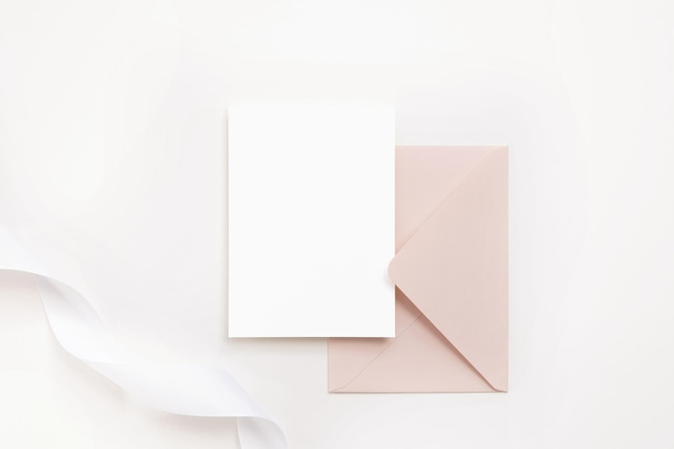 PSD tarjeta de invitación blanca 5x7 con sobre rosado