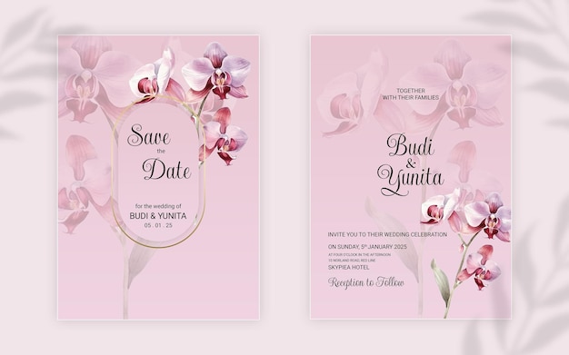 Tarjeta de invitación de boda en acuarela con hermosas flores de orquídeas