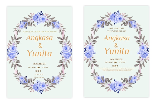 tarjeta de invitación de boda acuarela con hojas verdes PSD