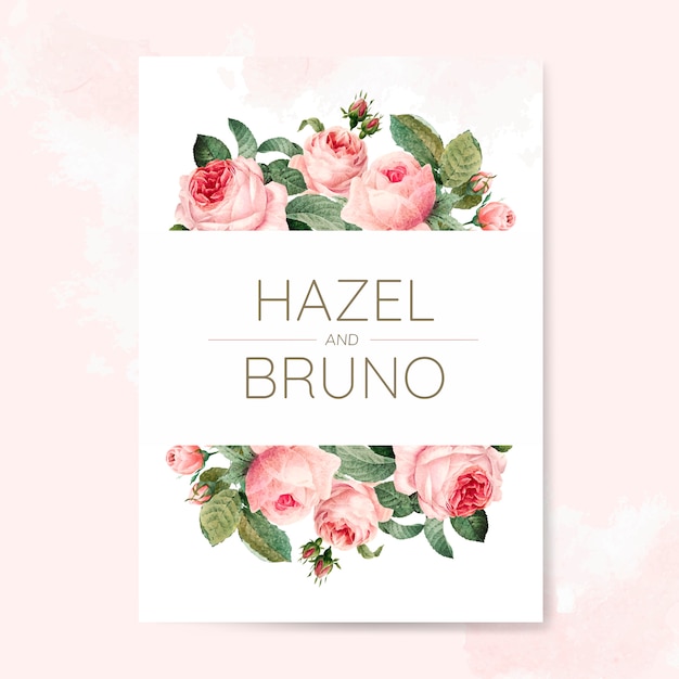 PSD tarjeta de invitación de boda decorada con rosas.