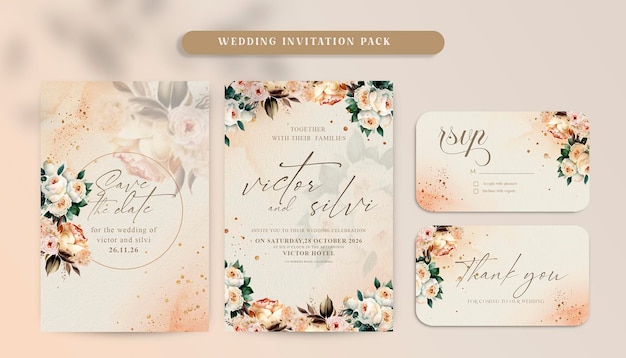 Tarjeta de invitación de boda de doble cara con un marco dorado y elegantes flores burdeos