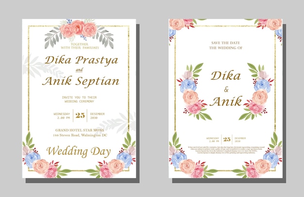 Tarjeta de invitación de boda elegante acuarela con hojas verdes psd premium