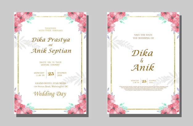 Tarjeta de invitación de boda elegante acuarela con hojas verdes psd premium
