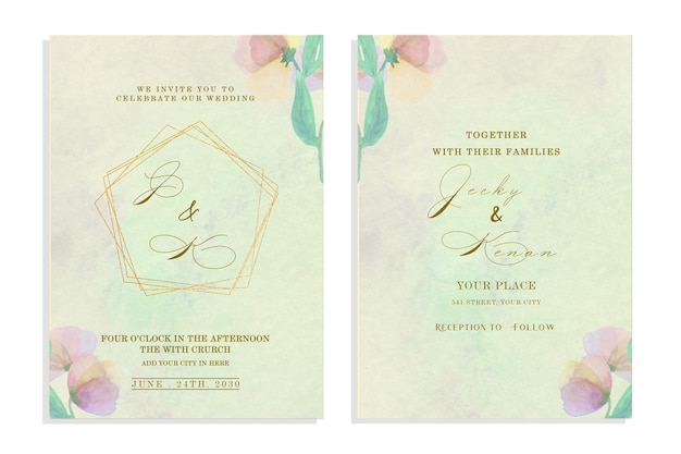 Tarjeta de invitación de boda elegante acuarela con hojas verdes psd