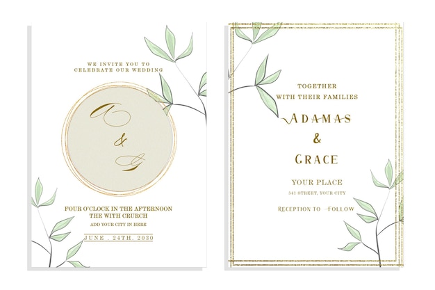 Tarjeta de invitación de boda elegante acuarela con hojas verdes psd