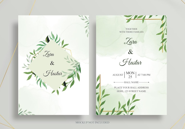 Tarjeta de invitación de boda elegante y hermosa con hojas de acuarela psd