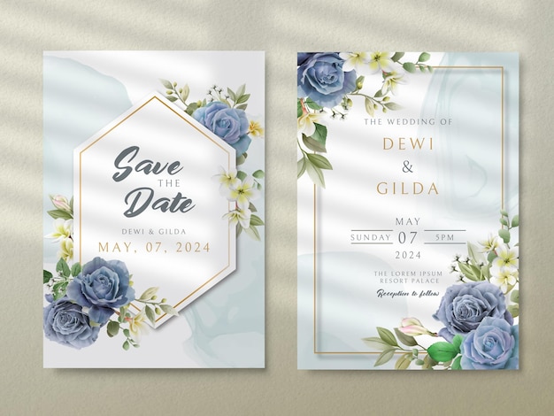 Tarjeta de invitación de boda elegante rosas azul real