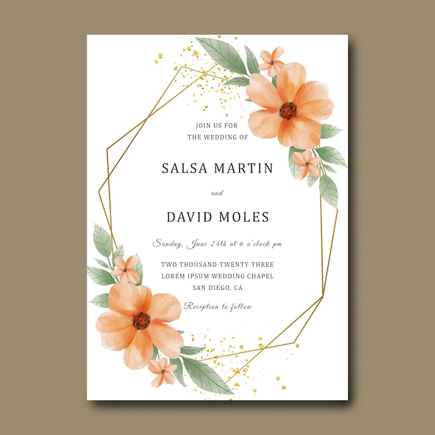 Tarjeta de invitación de boda con flor de naranja acuarela y efecto de grano dorado