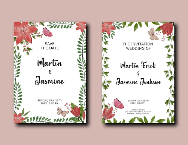 PSD tarjeta de invitación de boda con flor rosa acuarela rosa y dorada en marco