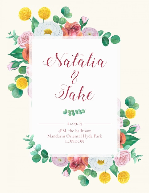 Tarjeta de invitación de boda floral dibujada a mano